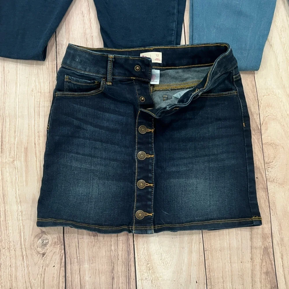 Justice Girls Size 12 Denim Bundle 2 Skinny Jeans + Button Front Skirt Y2K